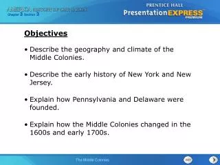 Describe the geography and climate of the Middle Colonies. Describe the early history of New York and New Jersey.