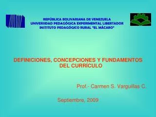 DEFINICIONES, CONCEPCIONES Y FUNDAMENTOS DEL CURRÍCULO Prof.- Carmen S. Varguillas C. Septiembre, 2009