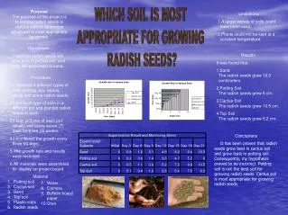 Purpose The purpose of this project is to expose radish seeds to various soils to determine which soil is most appropria