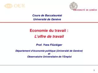 Economie du travail : L’offre de travail Prof. Yves Flückiger Département d’économie politique (Université de Genève) e