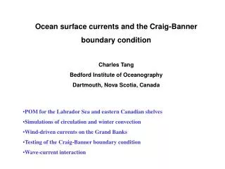 Ocean surface currents and the Craig-Banner boundary condition Charles Tang Bedford Institute of Oceanography Dartmouth