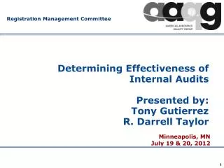 Determining Effectiveness of Internal Audits Presented by: Tony Gutierrez R. Darrell Taylor