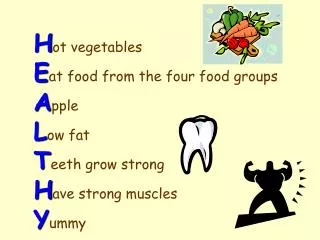 H ot vegetables E at food from the four food groups A pple L ow fat T eeth grow strong H ave strong muscles Y ummy