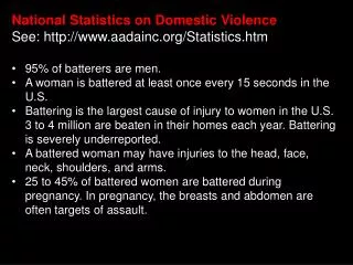 National Statistics on Domestic Violence See: http://www.aadainc.org/Statistics.htm 95% of batterers are men.