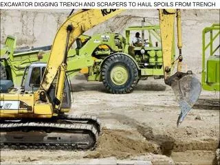 EXCAVATOR DIGGING TRENCH AND SCRAPERS TO HAUL SPOILS FROM TRENCH