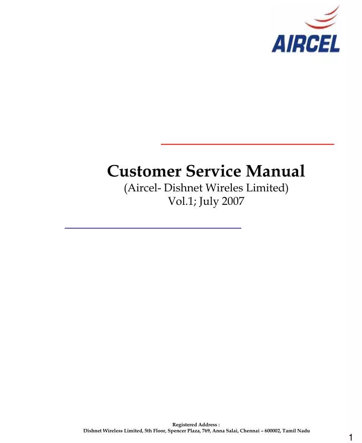 customer service manual aircel dishnet wireles limited vol 1 july 2007