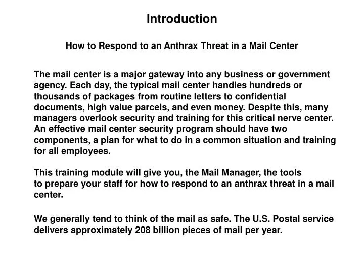 introduction how to respond to an anthrax threat in a mail center