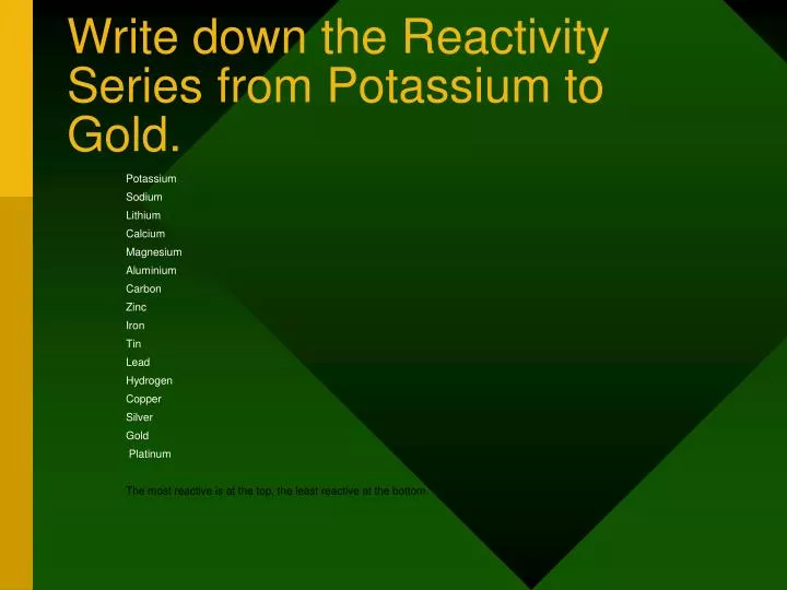 write down the reactivity series from potassium to gold