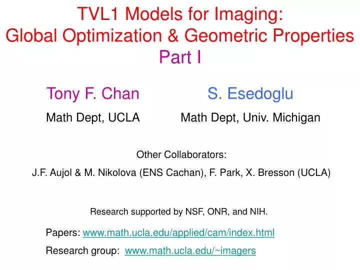 tvl1 models for imaging global optimization geometric properties part i