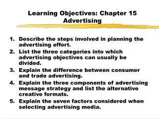 Learning Objectives: Chapter 15 Advertising
