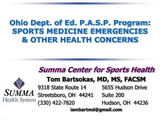 Ohio Dept. of Ed. P.A.S.P. Program: SPORTS MEDICINE EMERGENCIES &amp; OTHER HEALTH CONCERNS