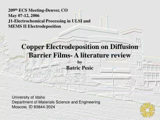 Copper Electrodeposition on Diffusion Barrier Films- A literature review by Batric Pesic