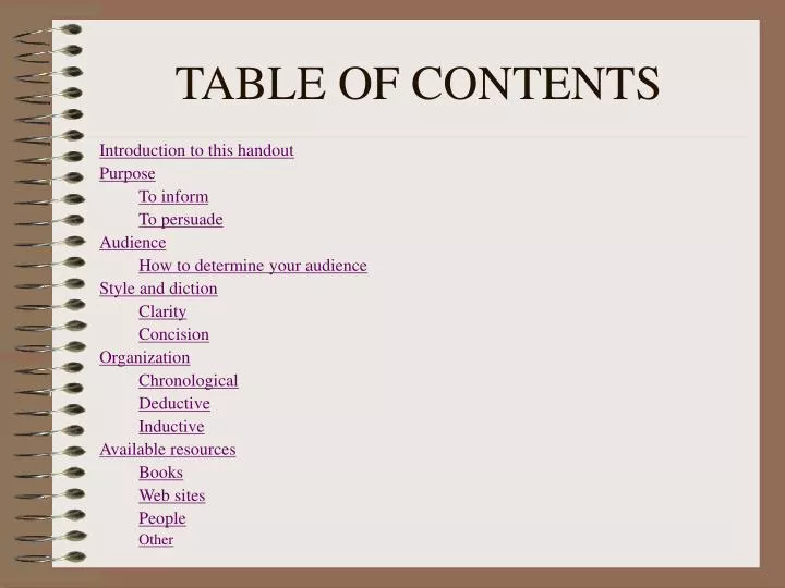 table of contents