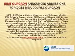BIMT GURGAON announces admissions for 2011 MBA course