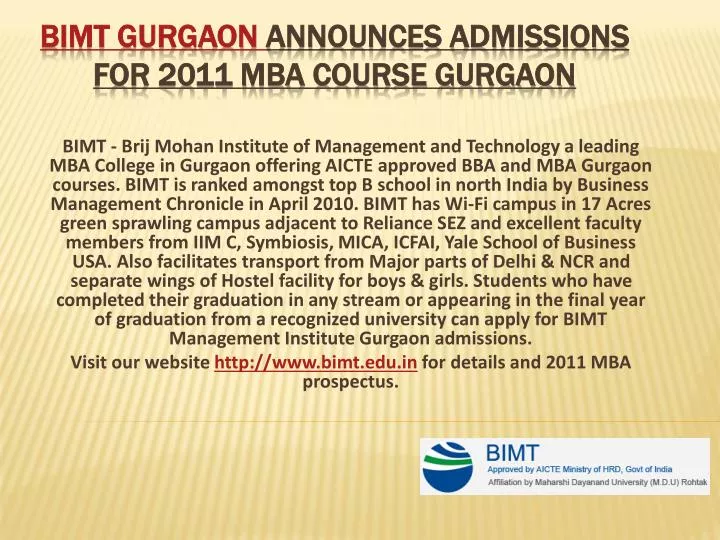 bimt gurgaon announces admissions for 2011 mba course gurgaon