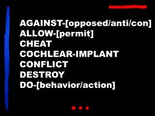 AGAINST-[opposed/anti/con] ALLOW-[permit] CHEAT COCHLEAR-IMPLANT CONFLICT DESTROY DO-[behavior/action]