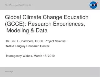 Global Climate Change Education (GCCE): Research Experiences, Modeling &amp; Data