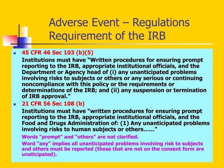 adverse event regulations requirement of the irb