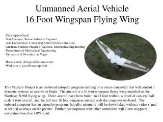 Unmanned Aerial Vehicle 16 Foot Wingspan Flying Wing