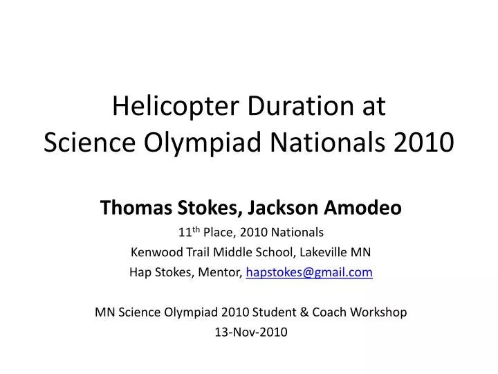 helicopter duration at science olympiad nationals 2010