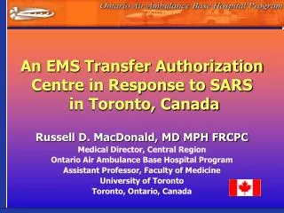 An EMS Transfer Authorization Centre in Response to SARS in Toronto, Canada