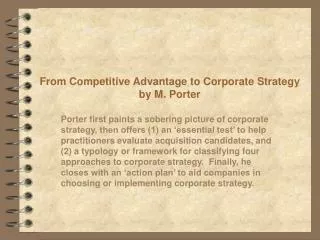From Competitive Advantage to Corporate Strategy by M. Porter