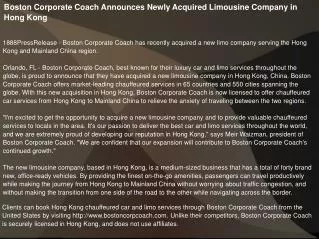 Boston Corporate Coach Announces Newly Acquired Limousine Co