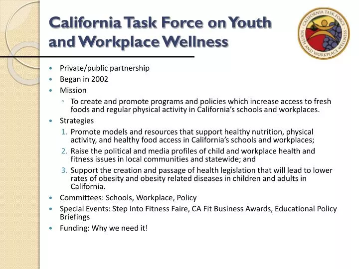 california task force on youth and workplace wellness