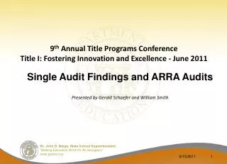 9 th Annual Title Programs Conference Title I: Fostering Innovation and Excellence - June 2011