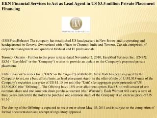 ekn financial services to act as lead agent in us $3.5 milli