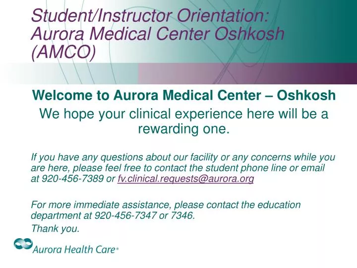 student instructor orientation aurora medical center oshkosh amco