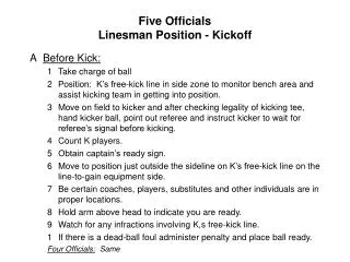 Five Officials Linesman Position - Kickoff