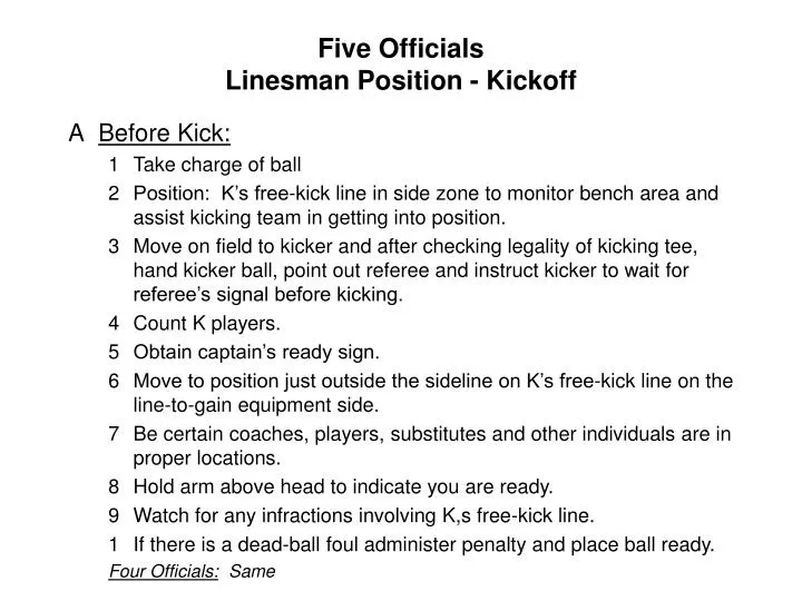 five officials linesman position kickoff