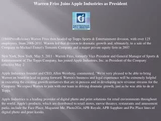 warren friss joins apple industries as president