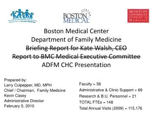 Boston Medical Center Department of Family Medicine Briefing Report for Kate Walsh, CEO Report to BMC Medical Executiv