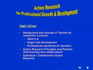 Topic 1(6 hrs) Background and concept of Teacher as researcher (Lecture) What it is Origin and development Professional