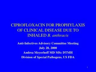 CIPROFLOXACIN FOR PROPHYLAXIS OF CLINICAL DISEASE DUE TO INHALED B. anthracis