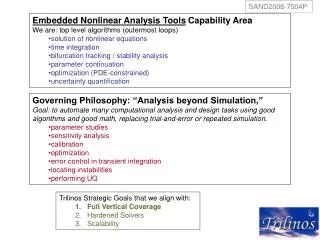 Embedded Nonlinear Analysis Tools Capability Area We are: top level algorithms (outermost loops) solution of nonlinear
