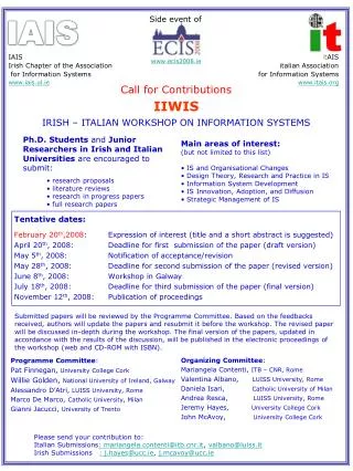 Call for Contributions IIWIS IRISH – ITALIAN WORKSHOP ON INFORMATION SYSTEMS