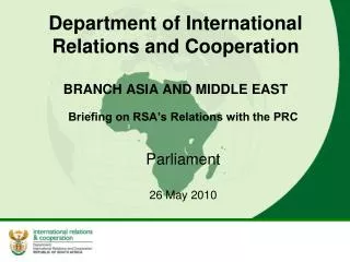 Department of International Relations and Cooperation BRANCH ASIA AND MIDDLE EAST