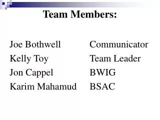 Team Members: Joe Bothwell 		Communicator Kelly Toy			Team Leader Jon Cappel 	BWIG Karim Mahamud 	BSAC