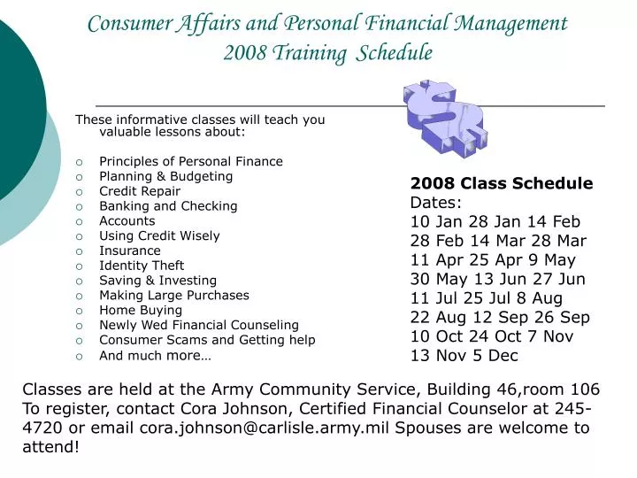 consumer affairs and personal financial management 2008 training schedule