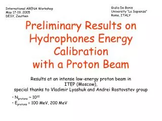 Preliminary Results on Hydrophones Energy Calibration with a Proton Beam