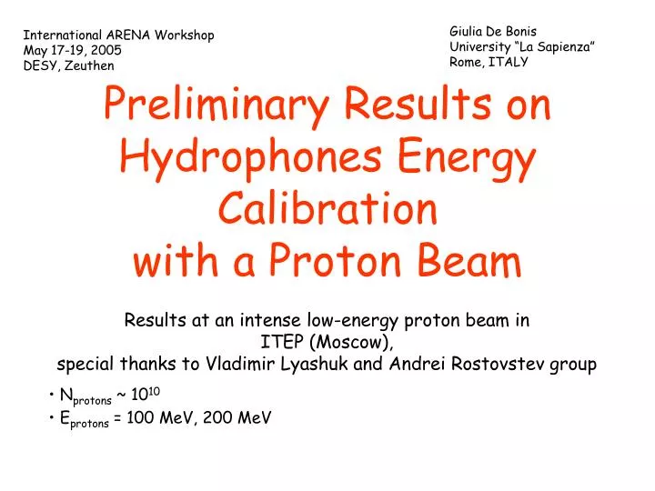 preliminary results on hydrophones energy calibration with a proton beam