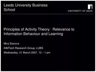 Principles of Activity Theory: Relevance to Information Behaviour and Learning