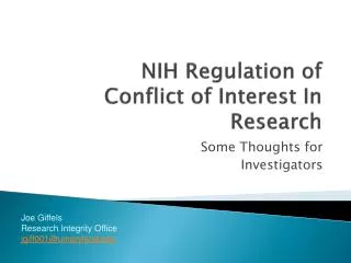 NIH Regulation of Conflict of Interest In Research