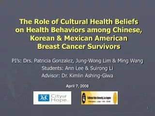 The Role of Cultural Health Beliefs on Health Behaviors among Chinese, Korean &amp; Mexican American Breast Cancer Sur