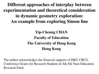 Yip-Cheung C HAN Faculty of Education The University of Hong Kong Hong Kong