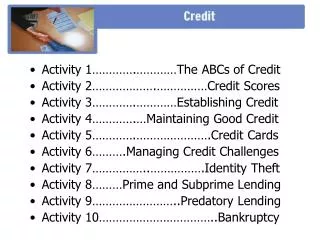 Activity 1………….…………The ABCs of Credit Activity 2……………….……………Credit Scores Activity 3………….…………Establishing Credit Activit