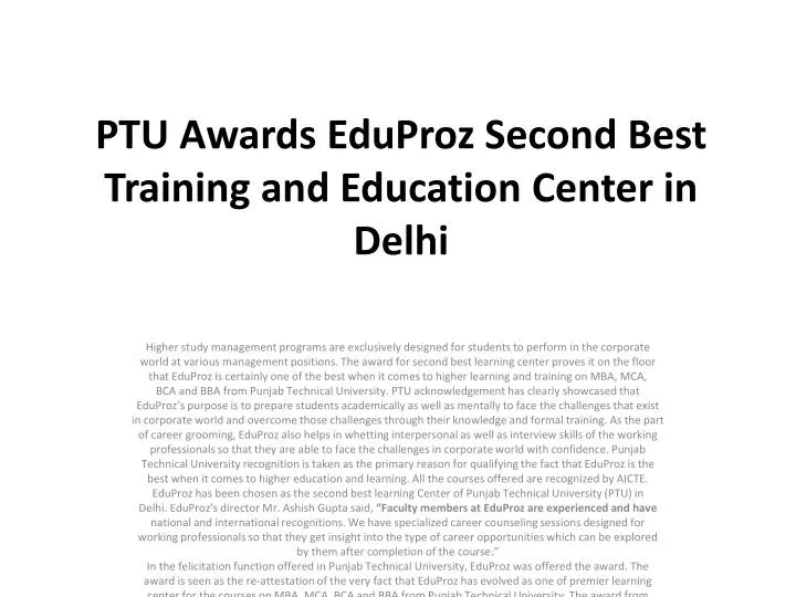 ptu awards eduproz second best training and education center in delhi